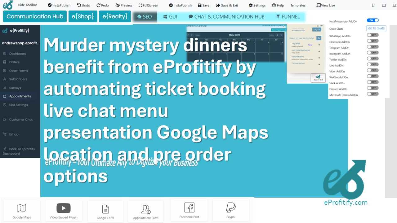 Murder mystery dinners benefit from eProfitify by automating ticket booking live chat menu presentation Google Maps location and pre order options